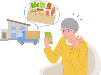 ネットのミールキットの宅配サービスをスマホで見つけて喜ぶシニア女性