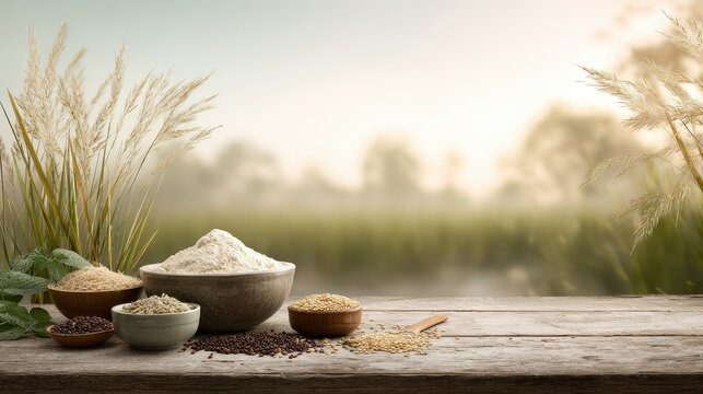 Beautiful photo of soft pastel warm tones for a 'Flour' campaign. In the center, a 3 huge bowl of ragi, jowar and bajra seeds. Arrange the items on a rustic wooden table, with.