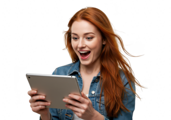 Excited young woman with red hair using a tablet isolated on transparent background