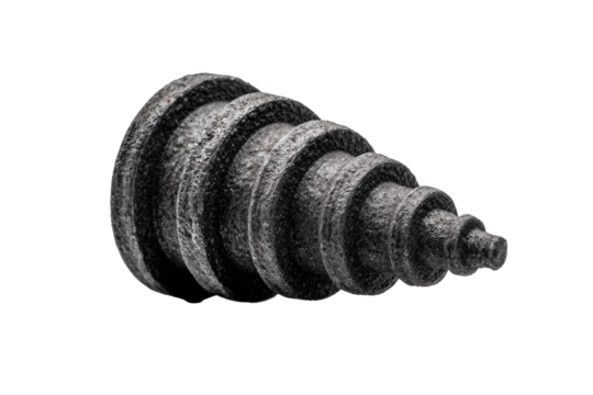 Dark gray, textured, conical object.  Concentric rings,  slightly irregular, form a tapered shape