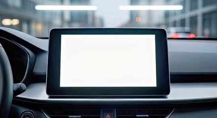 Digital Dashboard: An elegant vehicle dashboard with a modern, minimalist touchscreen display provides the perfect canvas for any design, with a subtle, urban backdrop adding depth to the image.