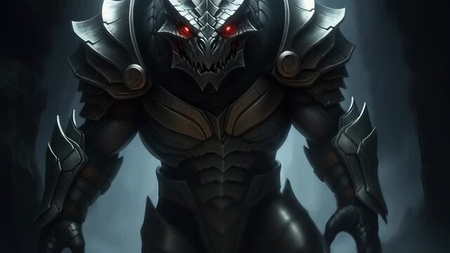 Dark armored warrior with glowing red eyes and serpent-inspired armor, symbolizing strength, danger, and mythical reptilian power.