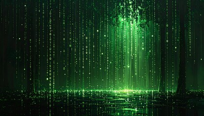 A digital forest bathed in green light, with binary code cascading down
