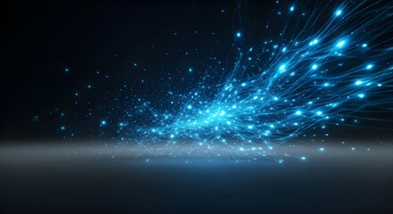 Abstract blue light streaks explode across a dark background, resembling digital energy or cosmic dust.