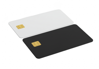 Two blank credit cards, black and white, isolated on transparent background