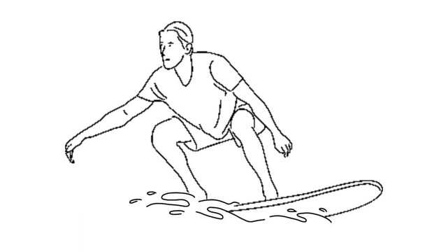 line art animation of surfer in action riding the waves