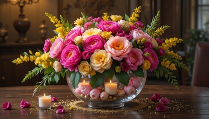 50th birthday floral centerpiece featuring an explosion of fuchsia peonies,golden yellow snapdragons and emerald green foliage,presented in a large glass bowl filled with floating candles