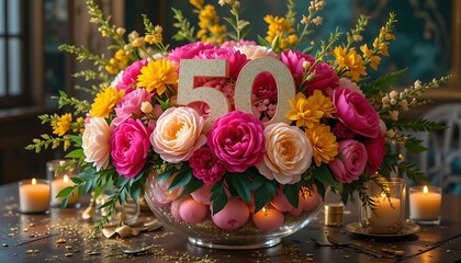 50th birthday floral centerpiece featuring an explosion of fuchsia peonies,golden yellow snapdragons and emerald green foliage,presented in a large glass bowl filled with floating candles
