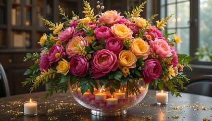 50th birthday floral centerpiece featuring an explosion of fuchsia peonies,golden yellow snapdragons and emerald green foliage,presented in a large glass bowl filled with floating candles