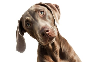 Curious weimaraner dog tilting head isolated on white background looking at camera