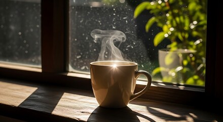 Cozy morning light bathes a steaming mug on a windowsill