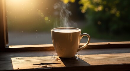 Hot Coffee Cup with Steam on a Wooden Surface