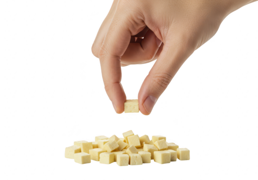Hand picking up a cheese cube isolated on transparent background