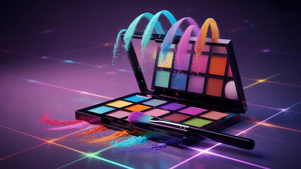 Vibrant eyeshadow palette with a brush showcases colorful pigments and makeup artistry against a neonlit backdrop for beauty and cosmetic concepts