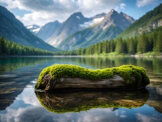 Mossy log rests peacefully on the still lake water with mountains in background