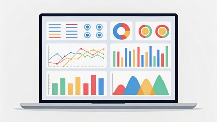 A laptop displaying colorful graphs and charts, representing data analysis and visualization.