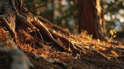 Sunlight filtering through forest roots