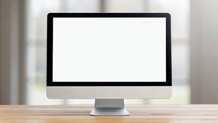 Fototapeta premium A modern desktop computer on a wooden table with a blank screen, set against a bright background.
