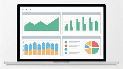 Digital dashboard displaying various graphs and charts on a laptop screen, representing data analysis and visualization.
