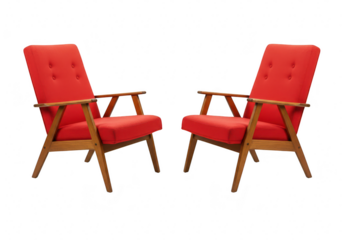 Two red midcentury modern armchairs isolated on transparent background