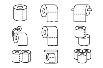 Toilet paper roll icon set. Simple line art vector illustrations of bathroom tissue. Hygiene, sanitary, and household cleaning supplies symbols. Minimalist outline graphic.