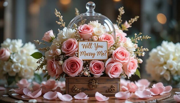 engagement announcement floral display featuring pink roses,white hydrangeas and glistening diamond-like accents arranged in a glass cloche with a miniature "Will You Marry Me?" sign,placed on a woode - Powered by Adobe