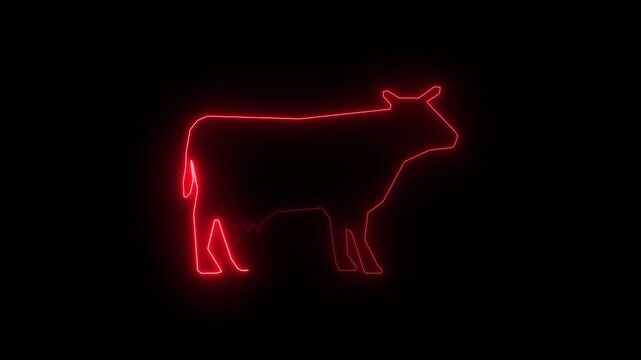 Red color neon sign of cow icon animation. Icon of a cow with a glowing neon effect. Neon Cow Icon Animation | Glowing Light Effect on Dark Background, Financial Market Symbol 4k Video.
