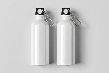 Two identical white metal water bottles, each with a black cap and metal carabiner clip, sit side-by-side on a light gray background