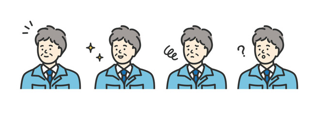 ミドル　シニア　男性作業員の表情のアイコンイラスト素材