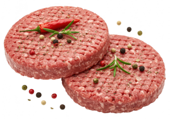 Two raw beef burger patties seasoned with peppercorns and chili isolated on transparent background