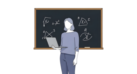 Female mathematics teacher with a laptop conducts an online lesson in front of a chalkboard with geometric formulas
