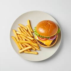 a cheeseburger and french fries. A juicy cheeseburger with a toasted bun, fresh lettuce, tomato, and onion is next to a pile of golden-brown french fries.