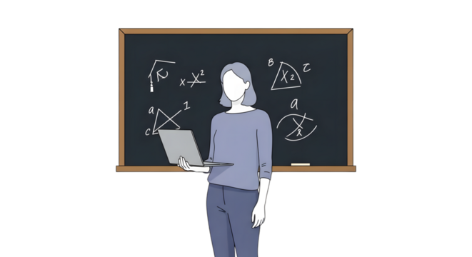 Female mathematics teacher with a laptop conducts an online lesson in front of a chalkboard with geometric formulas