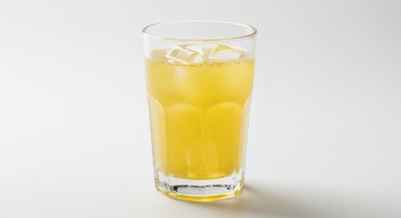 A tall glass of iced yellow tea with ice cubes.