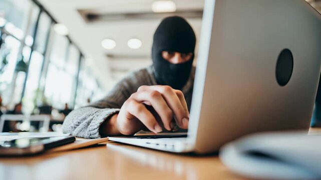 Hacker in a balaclava typing on a laptop in a dark office, stealing data and hacking accounts, cybercrime, technology and online security concept. - Powered by Adobe