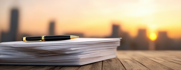 The Stack of Papers with Pen on a Wooden Desk at Sunset
