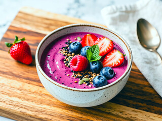 Healthy Purple Smoothie Bowl with Strawberries, Blueberries and Chia Seeds