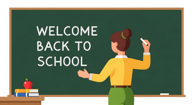 A female teacher at a chalkboard in a classroom setting, welcoming students. Vector illustration representing the concept of back to school, education, and learning