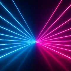  Futuristic laser light lines background with neon beams glowing in dark 3D space
