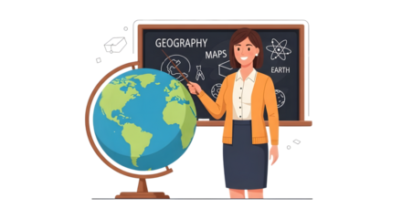 Teacher pointing at globe with 'Geography' and 'Maps' written on blackboard, representing education and learning