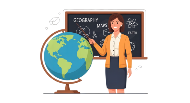 Teacher pointing at globe with 'Geography' and 'Maps' written on blackboard, representing education and learning - Powered by Adobe