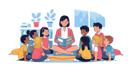 Teacher Reading Story to Diverse Group of Children in Classroom