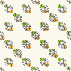 Earth Globe with BTC and Dollar signs vector Bitcoin Accumulation colored seamless pattern