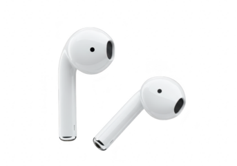 Two white wireless earbuds isolated on transparent background