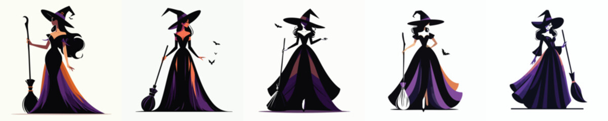 Dark Elegant Witch Lady with Hat and Broomstick