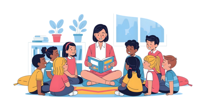Teacher Reading Story to Diverse Group of Children in Classroom