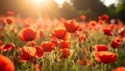 Fototapeta premium A vibrant field of poppies at sunset