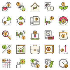 Bitcoin Investment and Trading colored icons set. BTC crypto currency concept signs