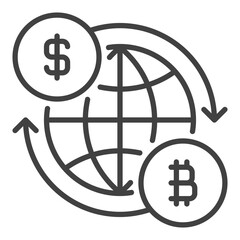 Earth Globe with Bitcoin and Dollar signs vector BTC crypto Accumulation linear icon or symbol
