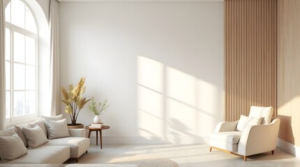 Serene modern living room bathed in warm sunlight with comfortable seating and natural decor